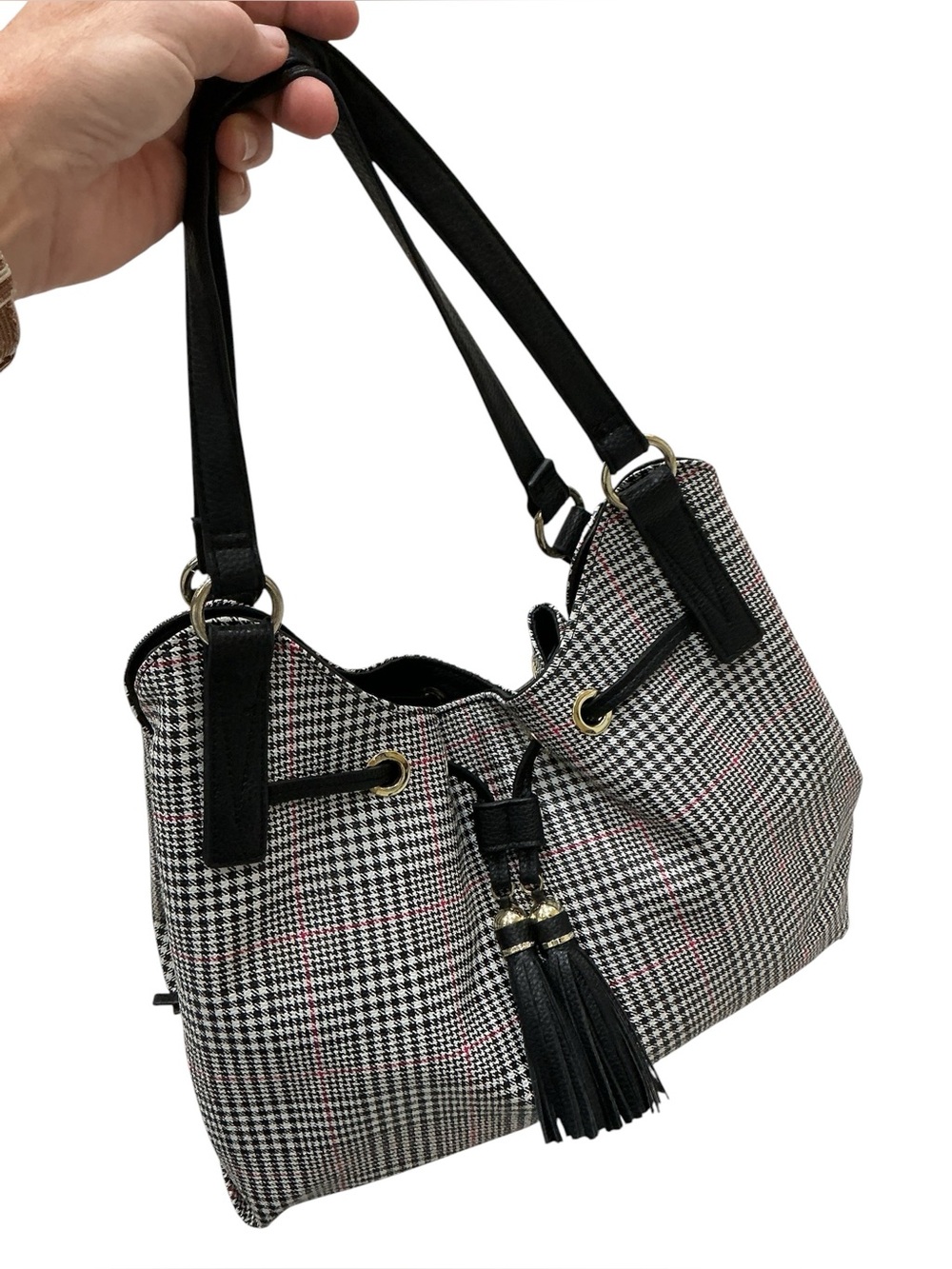 Liz Claiborne Houndstooth Shoulder Bag Tassel 3 Compartment Preppy Heritage Chic - Picture 12 of 16